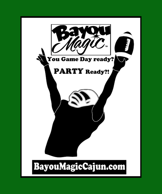 Promotional graphic for Bayou Magic with text and silhouette of a person holding a helmet and football on a green background.